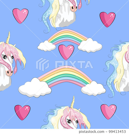 Seamless pattern with trendy cartoon patches. Unicorns, rainbows and hearts. Seamless pattern with trendy cartoon patches. Unicorns, rainbows and hearts. 99413453