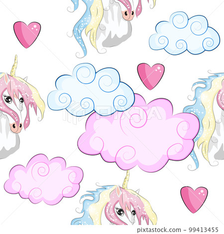 Seamless pattern with trendy cartoon patches. Unicorns, rainbows and hearts. Seamless pattern with trendy cartoon patches. Unicorns, rainbows and hearts. 99413455