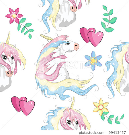 Seamless pattern with trendy cartoon patches. Unicorns, rainbows and hearts. 99413457