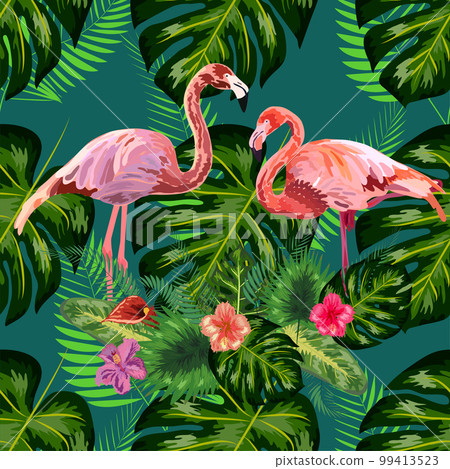 Bright green tropical jungle rainforest palm tree leaves. Pink exotic flamingo wading birds couple. Seamless pattern texture 99413523