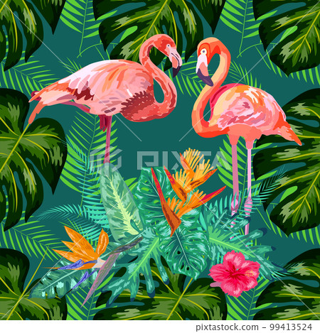 seamless floral summer pattern background with tropical palm leaves, flamingo, hibiscus. 99413524