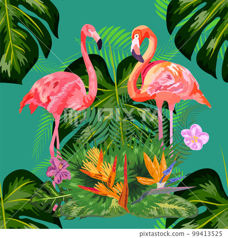 Bright green tropical jungle rainforest palm tree leaves. Pink exotic flamingo wading birds couple. Seamless pattern texture 99413525
