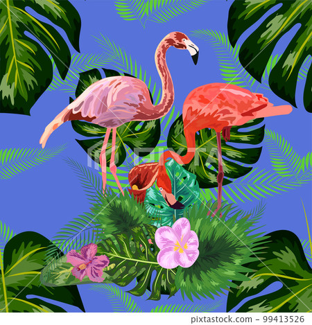 seamless floral summer pattern background with tropical palm leaves, flamingo, hibiscus. 99413526