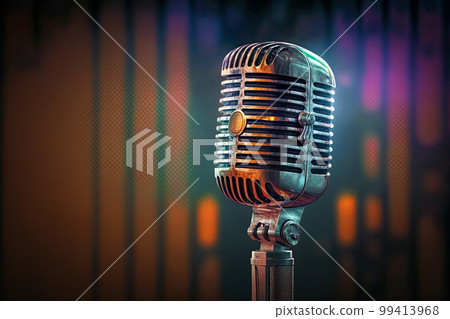 Retro style microphone on a stage with bokeh lights in background. Microphone 99413968
