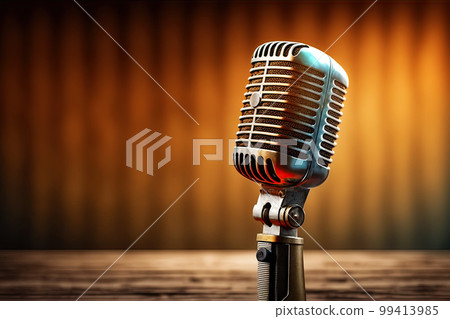 Retro style microphone on a stage with bokeh lights in background. Microphone Retro style microphone on a stage with bokeh lights in background. Microphone 99413985