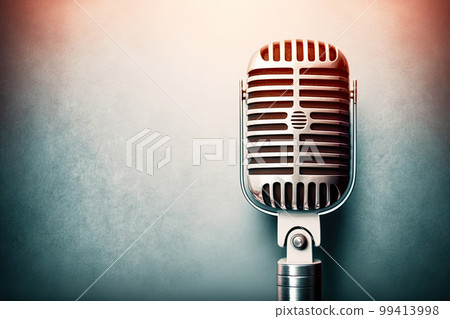 Retro style microphone on a stage with bokeh lights in background. Microphone Retro style microphone on a stage with bokeh lights in background. Microphone 99413998