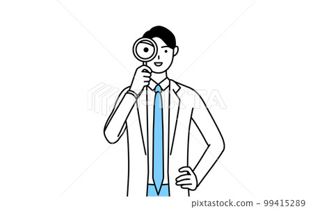 A male doctor in a white coat looking through a magnifying glass A male doctor in a white coat looking through a magnifying glass 99415289