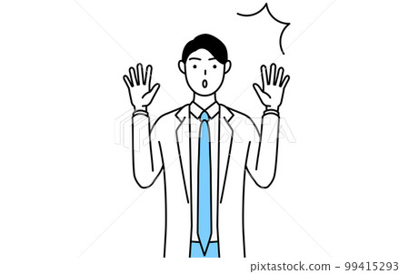 A male doctor wearing a white coat raising his hand in surprise 99415293