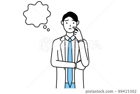 A male doctor wearing a white coat thinking while scratching his face A male doctor wearing a white coat thinking while scratching his face 99415302