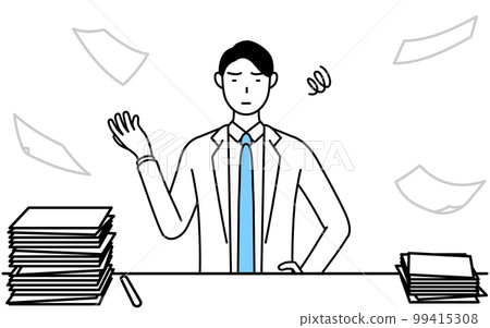 A male doctor wearing a white coat who is tired of untidy work 99415308