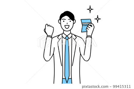 A male doctor in a white coat who is pleased to see a bankbook 99415311