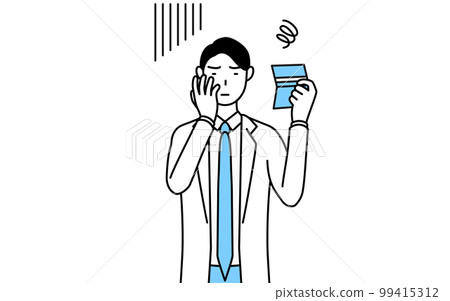 A male doctor in a white coat who is depressed looking at the bankbook 99415312