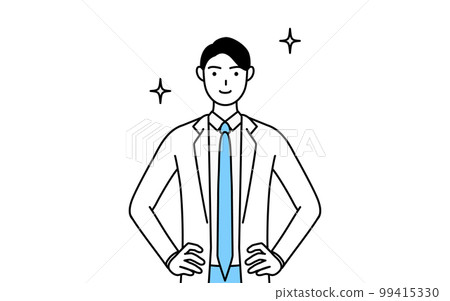 A male doctor wearing a white coat with his hands on his hips 99415330