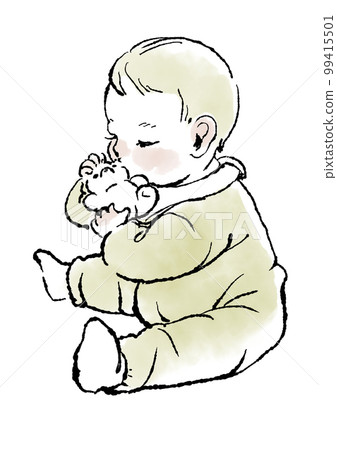 A simple illustration of a baby holding a toy 99415501