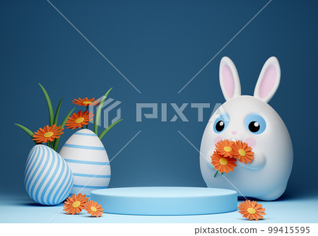 3d Happy Easter banner with little kawaii white rabbit with podium 3d Happy Easter banner with little kawaii white rabbit with podium 99415595