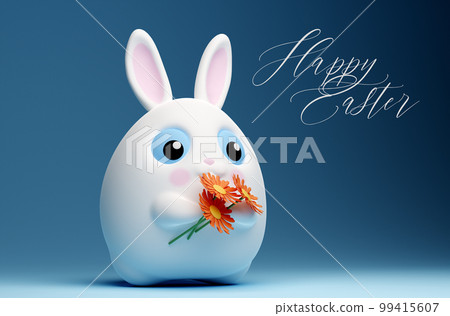 3d Happy Easter banner with little kawaii white rabbit with big blue eyes 3d Happy Easter banner with little kawaii white rabbit with big blue eyes 99415607