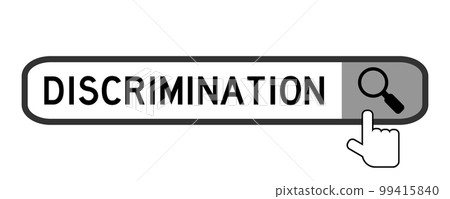 Search banner in word discrimination with hand over magnifier icon on white background 99415840