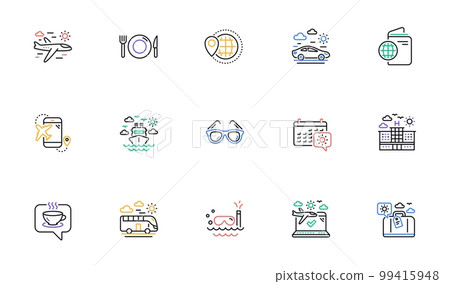 Travel line icons. Passport, Luggage and Check in airport. Sunglasses linear icon set. Bicolor outline web elements. Vector 99415948
