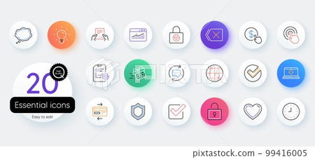 Report document, Time line icons. Bicolor outline web elements. Statistics, Gift box and Light bulb icons. Credit card, Download document and Lock. Vector 99416005