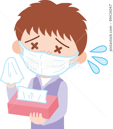 一個男孩拿著紙巾,戴著面具,表情痛苦 一個男孩拿著紙巾,戴著面具,表情痛苦 99416047