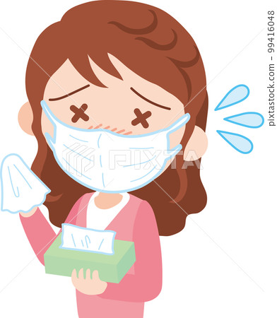 A woman holding a tissue and wearing a mask with a painful expression A woman holding a tissue and wearing a mask with a painful expression 99416048