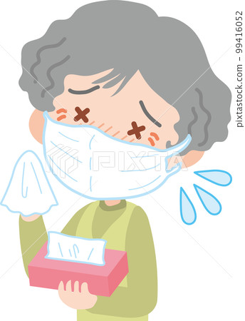 An elderly woman holding a tissue and wearing a mask with a painful expression 99416052