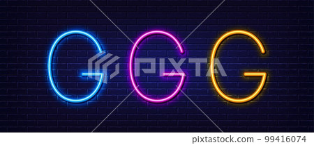 Initial letter G icon. Neon light line effect. Line typography character sign. Large first font letter. Glowing neon light element. Letter G glow 3d line. Brick wall banner. Vector 99416074