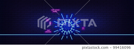 Neon light glow effect. Coronavirus line icon. Covid-19 pandemic virus sign. Corona virus symbol. 3d line neon glow icon. Brick wall banner. Coronavirus outline. Vector 99416096