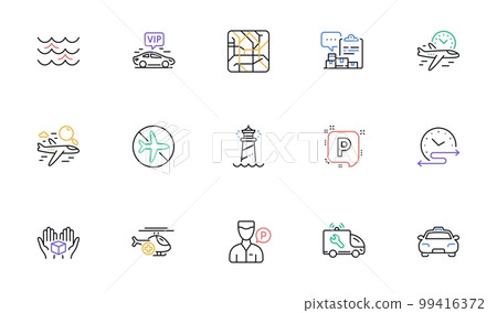 Car service, Inventory report and Waves line icons for website, printing. Collection of Vip transfer, Flight time, Medical helicopter icons. Parking, Taxi, Lighthouse web elements. Vector Car service, Inventory report and Waves line icons for website, printing. Collection of Vip transfer, Flight time, Medical helicopter icons. Parking, Taxi, Lighthouse web elements. Vector 99416372