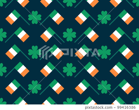 Seamless pattern with green clover leaves and Ireland flags. Festive background for Saint Patrick's Day. Design for print, wallpaper and wrapping paper. Vector illustration Seamless pattern with green clover leaves and Ireland flags. Festive background for Saint Patrick's Day. Design for print, wallpaper and wrapping paper. Vector illustration 99416386