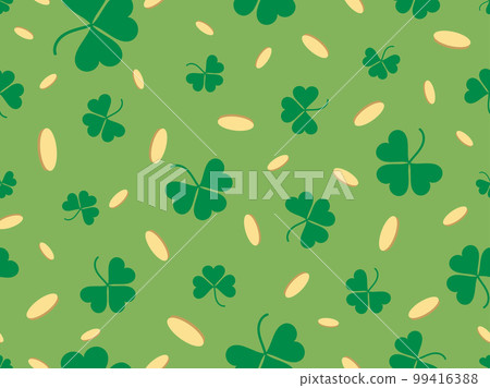 Seamless pattern with clover leaves and golden coins. Festive background for Saint Patrick's Day. Green clover leaves for good luck. Design for print, postcards and printing. Vector illustration 99416388