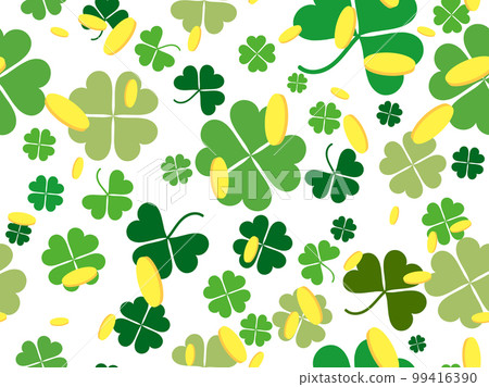 Seamless pattern with clover leaves and golden coins. Festive background for Saint Patrick's Day. Green clover leaves for good luck. Design for print, postcards and printing. Vector illustration Seamless pattern with clover leaves and golden coins. Festive background for Saint Patrick's Day. Green clover leaves for good luck. Design for print, postcards and printing. Vector illustration 99416390