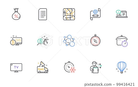 Bitcoin mining, Tv and Boiling pan line icons for website, printing. Collection of Integrity, Metro map, Travel compass icons. Document, Air balloon, Freezing timer web elements. Vector 99416421