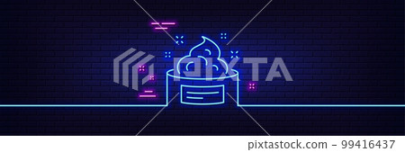 Neon light glow effect. Skin cream line icon. Face care sign. Gel or Lotion symbol. 3d line neon glow icon. Brick wall banner. Skin cream outline. Vector 99416437