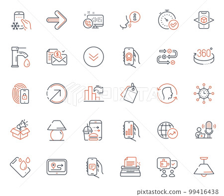 Technology icons set. Included icon as Analysis app, Chat app and Smartphone waterproof web elements. Tap water, Face id, Decreasing graph icons. Lock, Next, Augmented reality web signs. Vector Technology icons set. Included icon as Analysis app, Chat app and Smartphone waterproof web elements. Tap water, Face id, Decreasing graph icons. Lock, Next, Augmented reality web signs. Vector 99416438
