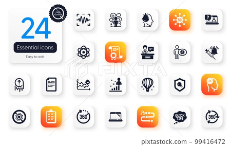 Set of Science flat icons. Cogwheel, Voice wave and Atom elements for web application. Journey path, Certificate, Quick tips icons. Exhibitors, Checklist, 360 degree elements. Inspect. Vector 99416472