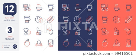 Set of Double latte, Food delivery and Latte line icons. Include Apple, Cafe creme, Tea bag icons. Water splash, Hotdog, Water drop web elements. Coffee beans, Chef. For web, application. Vector Set of Double latte, Food delivery and Latte line icons. Include Apple, Cafe creme, Tea bag icons. Water splash, Hotdog, Water drop web elements. Coffee beans, Chef. For web, application. Vector 99416501