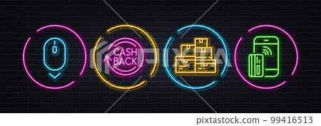 Wholesale goods, Scroll down and Cashback minimal line icons. Neon laser 3d lights. Contactless payment icons. For web, application, printing. Vector Wholesale goods, Scroll down and Cashback minimal line icons. Neon laser 3d lights. Contactless payment icons. For web, application, printing. Vector 99416513