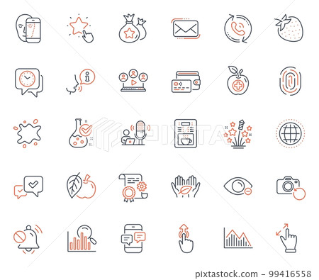 Business icons set. Included icon as Medical food, Dirty spot and Touchscreen gesture web elements. Approve, Ranking star, Video conference icons. Fingerprint, Call center, Swipe up web signs. Vector Business icons set. Included icon as Medical food, Dirty spot and Touchscreen gesture web elements. Approve, Ranking star, Video conference icons. Fingerprint, Call center, Swipe up web signs. Vector 99416558