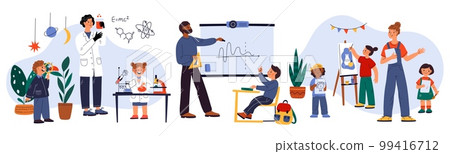 Teachers with students. Different school subjects. Professionals teach chemistry and physics. Fine arts class. Children painting pictures or doing chemical experiments. Garish vector set Teachers with students. Different school subjects. Professionals teach chemistry and physics. Fine arts class. Children painting pictures or doing chemical experiments. Garish vector set 99416712