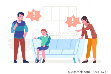 Parents of rapists shouting at frightened little son. Family quarrel. Angry man and woman screaming at upset child. Unhappy kid. Mother and father abuse with teenager. Vector concept 99416718