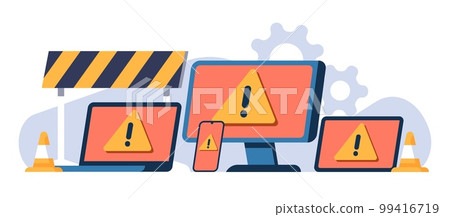 Operating system program error icon on different devices. Warning symbols. Broken software. Computers and smartphones. OS malfunction. Web technology. Unavailable website. Vector concept Operating system program error icon on different devices. Warning symbols. Broken software. Computers and smartphones. OS malfunction. Web technology. Unavailable website. Vector concept 99416719