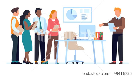 Man is interviewing applicants for vacant position. Hiring manager talking with vacancy candidates. Company searching workers for hire. Employee recruitment. Vector employment concept 99416736