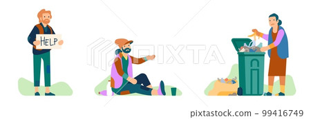 Homeless people. Beggars asking for alms and rummaging through trash. Dirty jobless men or women. Social problem. Refugees begging. Needy persons activities set. Vector poverty concept 99416749