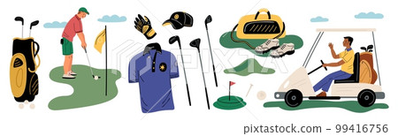Golf players. Different sport accessories. Professional sportsman with club bag and ball. Game equipment. Golfing car and shoes. Athletic clothing. Garish vector golfers elements set Golf players. Different sport accessories. Professional sportsman with club bag and ball. Game equipment. Golfing car and shoes. Athletic clothing. Garish vector golfers elements set 99416756