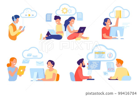 Cloud technology with people and business team. Information storage service. Wireless connection. Digital computing. Data transfer. Phone or computer info storage. Vector concepts set 99416784