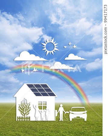 Eco life drawn by paper cutting, photovoltaic power generation and EV family pictart 99417173