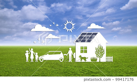 An image of an eco-friendly lifestyle that can be achieved with a solar-powered home and an electric vehicle 99417176