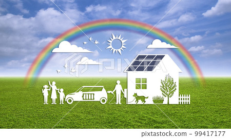 可以通過太陽能家庭和電動汽車實現的環保生活方式的形象 可以通過太陽能家庭和電動汽車實現的環保生活方式的形象 99417177