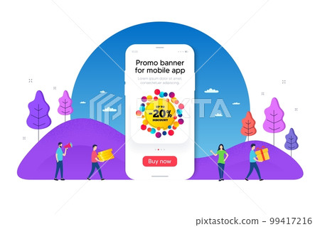 Sale 20 percent off banner. Phone ui interface banner. Discount sticker shape. Coupon bubble icon. Mobile smartphone promo banner. Sale 20 percent tag. Man with gift box. Vector 99417216